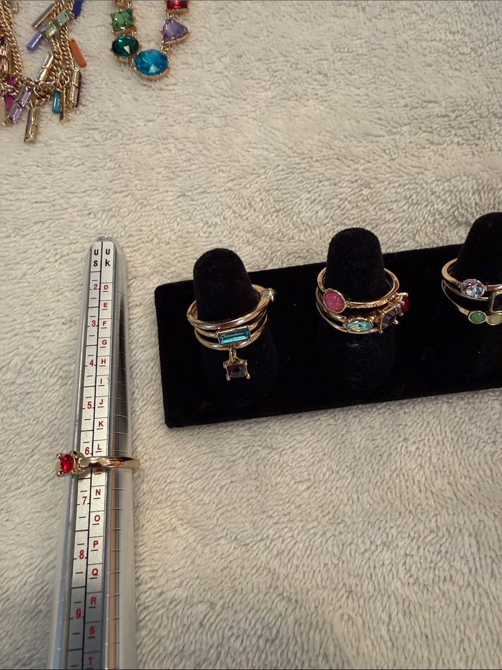 TWO Gold Multicolor Fringe Necklaces, Earrings & Stackable Rings - Picture 3 of 3
